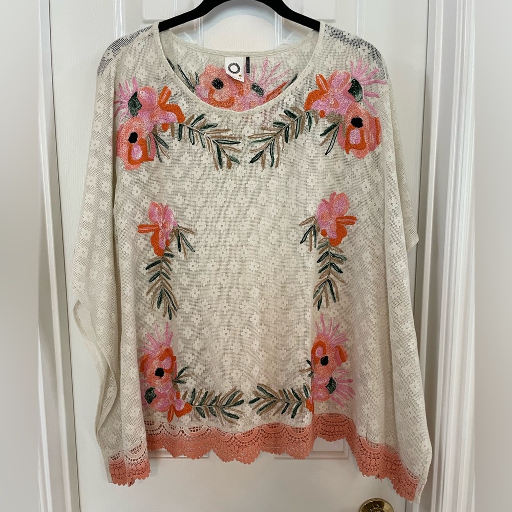 Floral Embroidered Cream Knit Top with Coral Accents